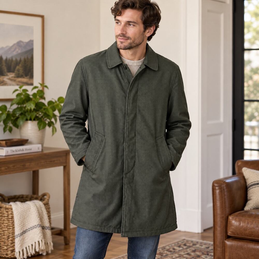 Vintage Unbranded Green Black Check Coat Removable Zip Out Lining Long Jacket